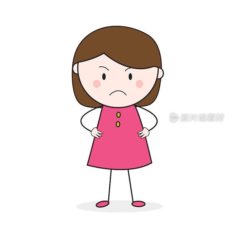 Doodle Girl Stickman Frown Face Standing With Akimbo Pose Cartoon Vector